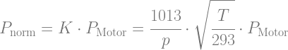 P_\text{norm}=K\cdot P_\text{Motor}=\cfrac{1013}{p}\cdot \sqrt{\cfrac{T}{293}}\cdot P_\text{Motor}