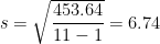 s=\sqrt{\dfrac{453.64}{11-1}}=6.74\ \ 