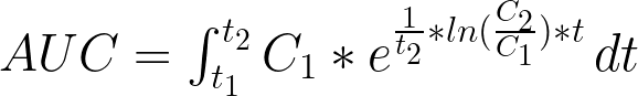 AUC =int_{t_1}^{t_2}C_1*e^{frac{1}{t_2}*ln(frac{C_2}{C_1})*t},dt