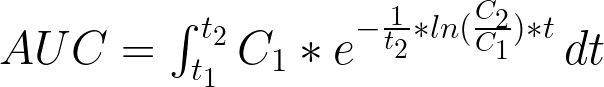AUC =int_{t_1}^{t_2}C_1*e^{-frac{1}{t_2}*ln(frac{C_2}{C_1})*t},dt