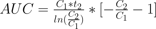 AUC = frac{C_1*t_2}{ln(frac{C_2}{C_1})}*[-frac{C_2}{C_1}-1]