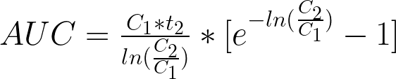 AUC = frac{C_1*t_2}{ln(frac{C_2}{C_1})}*[e^{-ln(frac{C_2}{C_1})}-1]