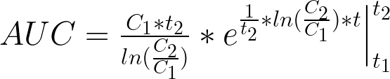 AUC = frac{C_1*t_2}{ln(frac{C_2}{C_1})}*e^{frac{1}{t_2}*ln(frac{C_2}{C_1})*t}Big|_{t_1}^{t_2}