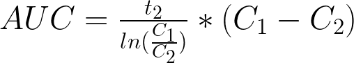 AUC = frac{t_2}{ln(frac{C_1}{C_2})}*({C_1-C_2})