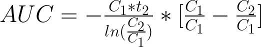 AUC = -frac{C_1*t_2}{ln(frac{C_2}{C_1})}*[frac{C_1}{C_1}-frac{C_2}{C_1}]