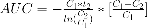 AUC = -frac{C_1*t_2}{ln(frac{C_2}{C_1})}*[frac{C_1-C_2}{C_1}]