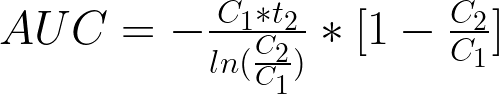 AUC = -frac{C_1*t_2}{ln(frac{C_2}{C_1})}*[1-frac{C_2}{C_1}]