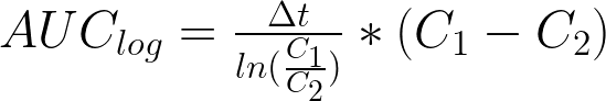 AUC_{log} = frac{Delta t}{ln(frac{C_1}{C_2})}*({C_1-C_2})