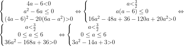 \displaystyle \left\{\begin{matrix}4a-6 \textless 0 \\ a^2 -6a\leq 0\\(4a-6)^2-20(6a-a^2)\textgreater 0\end{matrix}\right. \Leftrightarrow \left\{\begin{matrix}a \textless \frac{3}{2} \\ a(a-6)\leq 0\\ 16a^2-48a+36-120a+20a^2\textgreater 0\end{matrix}\right. \Leftrightarrow \left\{\begin{matrix}a \textless \frac{3}{2} \\ 0\leq a\leq 6 \\ 36a^2-168a+36 \textgreater 0\end{matrix}\right. \Leftrightarrow \left\{\begin{matrix}a \textless \frac{3}{2} \\ 0 \leq a \leq 6\\ 3a^2 -14a+3 \textgreater 0\end{matrix}\right.