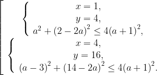 \left[ \begin{array}{c}\left\{ \begin{array}{c}x = 1, \\y = 4, \\a^2+{\left(2-2a\right)}^2\leq 4{\left(a+1\right)}^2, \end{array}\right. \\\left\{ \begin{array}{c}x = 4, \\y = 16, \\{\left(a-3\right)}^2+{\left(14-2a\right)}^2\leq 4{\left(a+1\right)}^2. \end{array}\right. \end{array}\right.