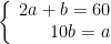 left{egin{array}{rcl}2a+b=60\10b=aend{array} 
ight.