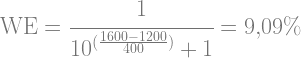 \text{WE}= \cfrac{1}{10^{(\frac{1600-1200}{400})}+1}=9{,}09\%