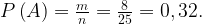 P\left(A\right)=\frac{m}{n}=\frac{8}{25}=0,32.