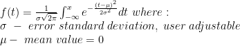 f(t)=\frac{1}{\sigma\sqrt{2\pi}}\int^x_{-\infty} e^{-\frac{(t-\mu)^2}{2\sigma^2}} dt\ where:\\ \sigma\ -\ error\ standard\ deviation,\ user\ adjustable\\ \mu-\ mean\ value=0